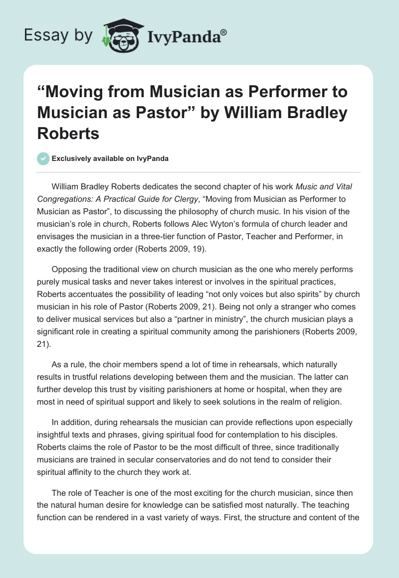 “Moving from Musician as Performer to Musician as Pastor” by William Bradley Roberts. Page 1