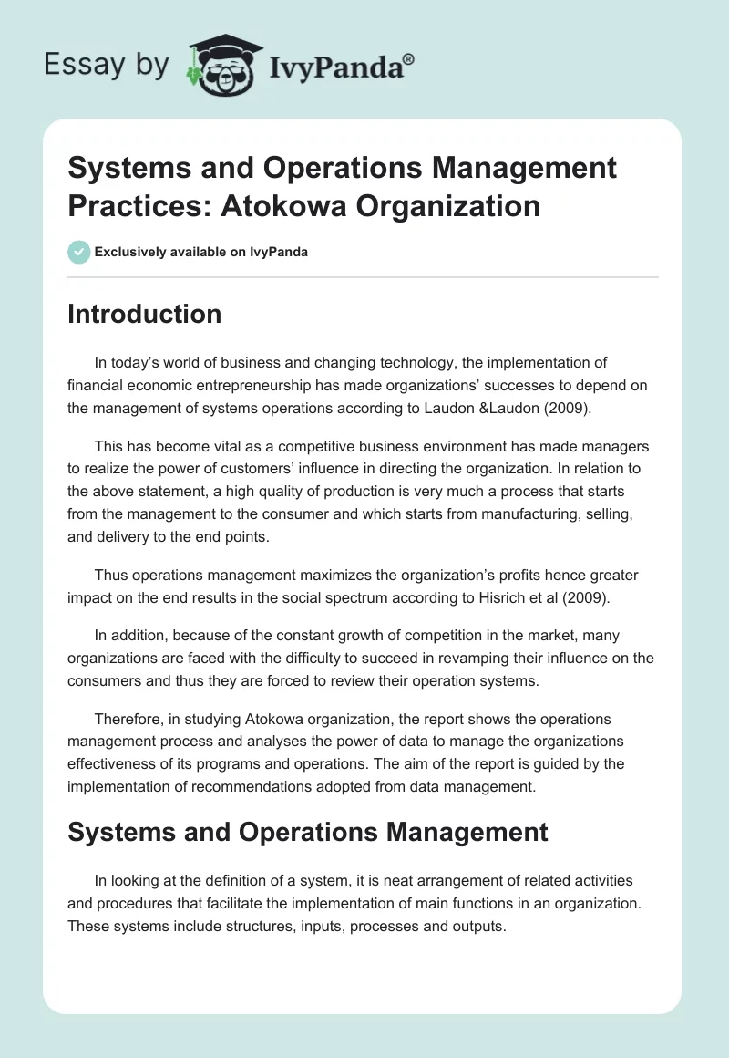 Systems and Operations Management Practices: Atokowa Organization. Page 1