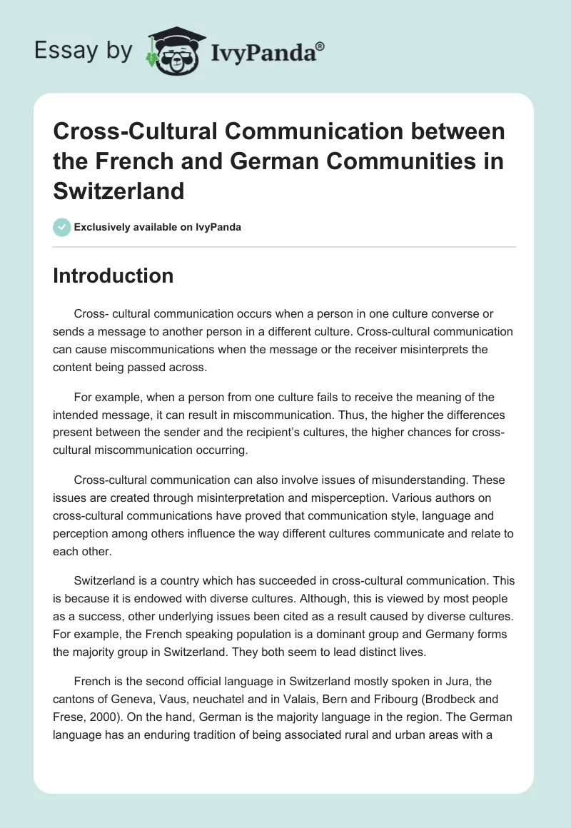 Cross-Cultural Communication Between the French and German Communities in Switzerland. Page 1