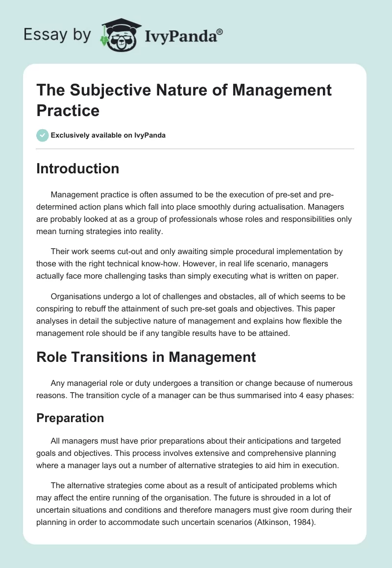 The Subjective Nature of Management Practice. Page 1
