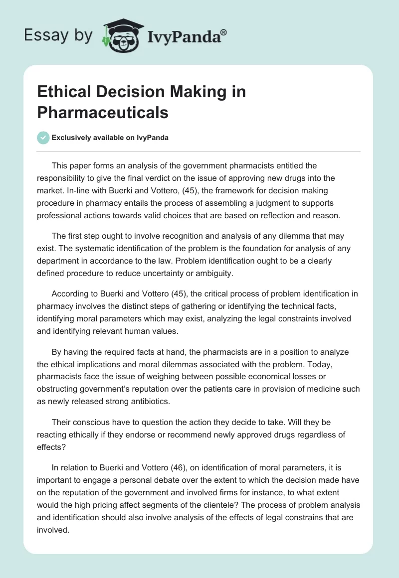 Ethical Decision Making in Pharmaceuticals. Page 1
