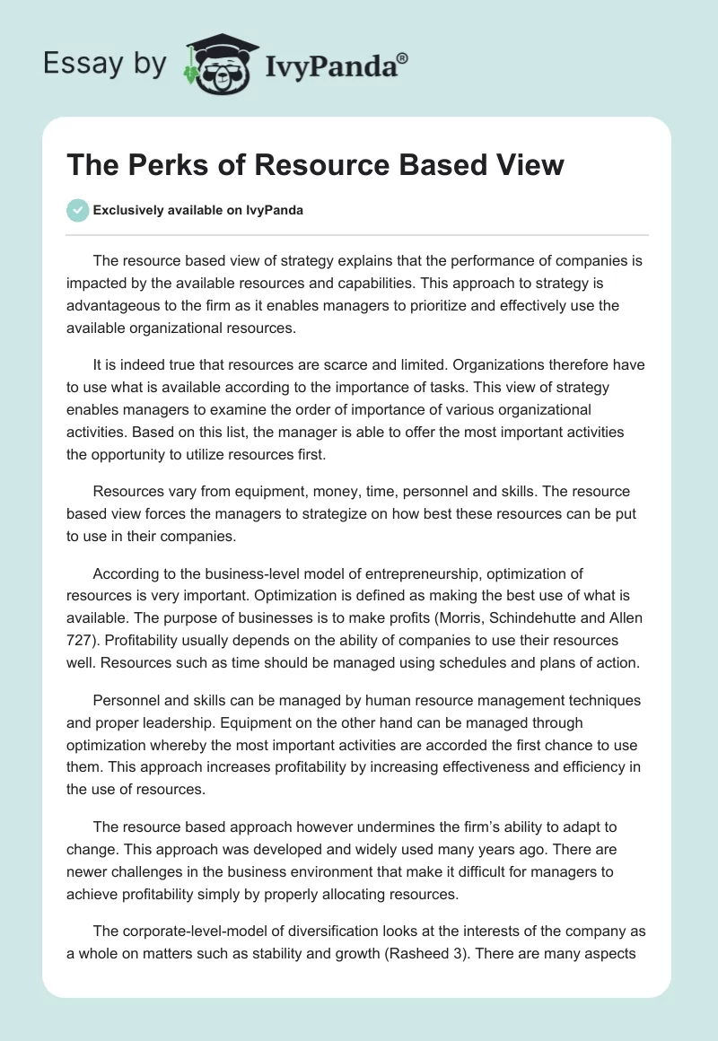 The Perks of Resource Based View. Page 1