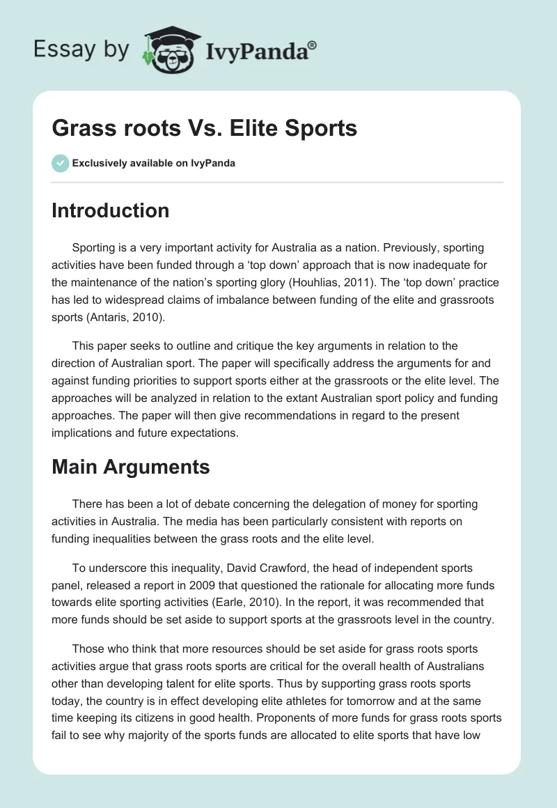 Grass roots Vs. Elite Sports. Page 1