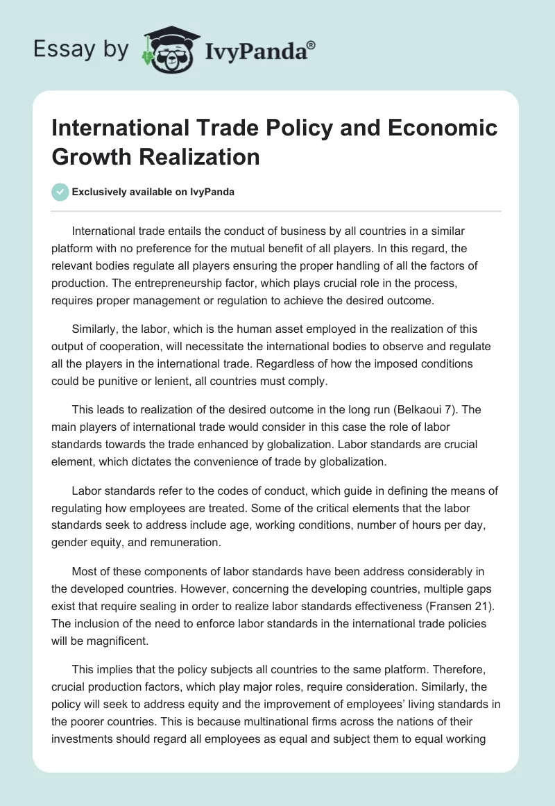 International Trade Policy and Economic Growth Realization. Page 1