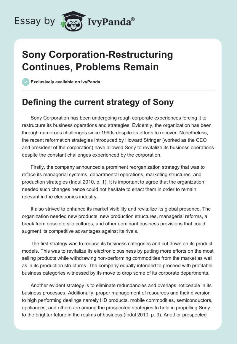 Sony Corporation-Restructuring Continues, Problems Remain. Page 1