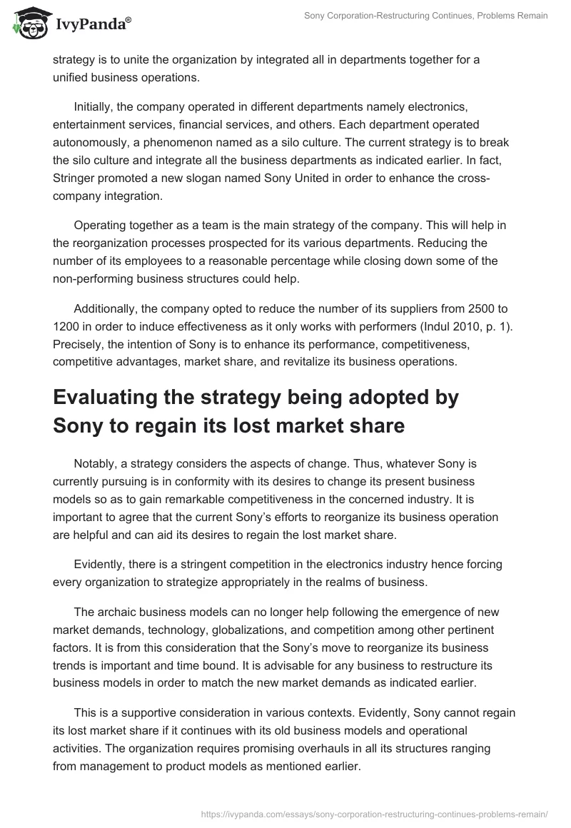 Sony Corporation-Restructuring Continues, Problems Remain. Page 2