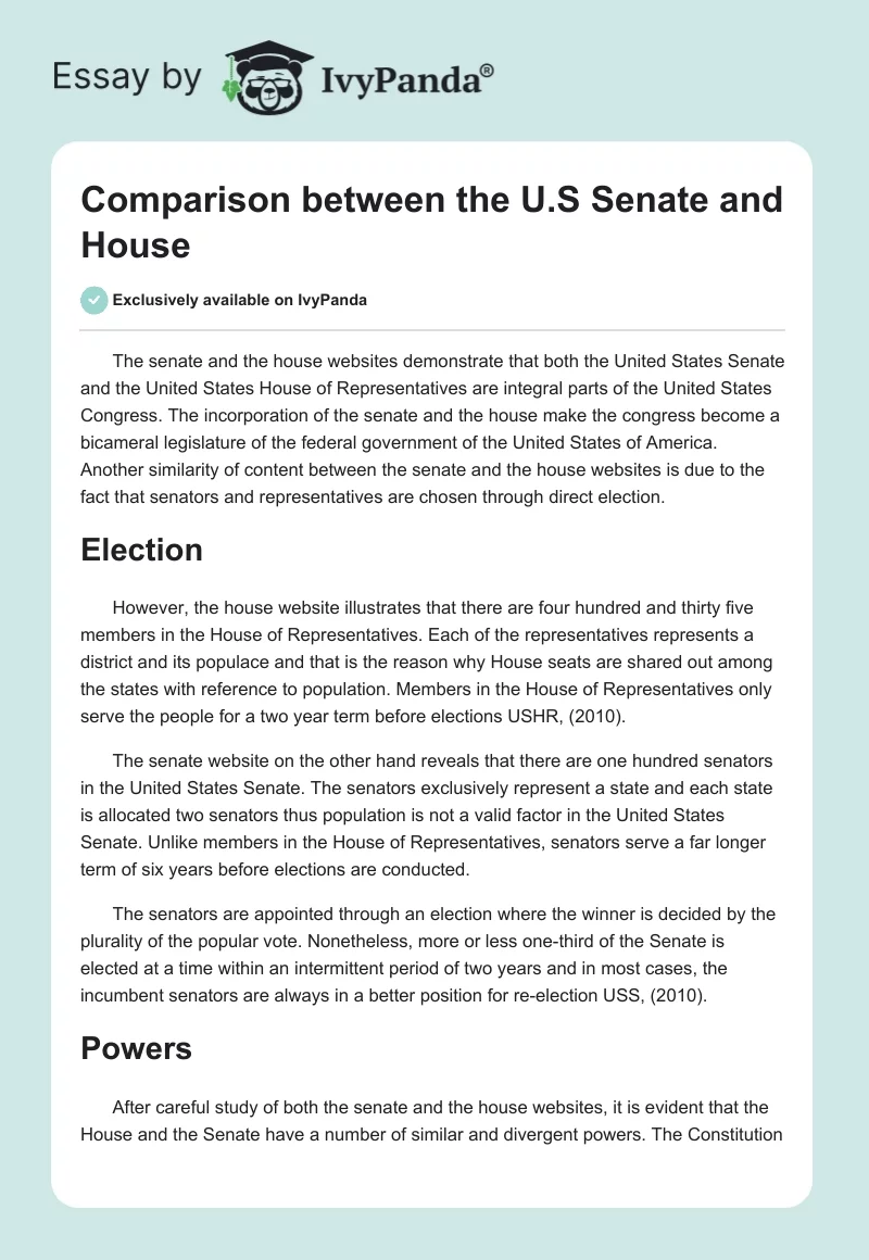 Comparison between the U.S Senate and House. Page 1