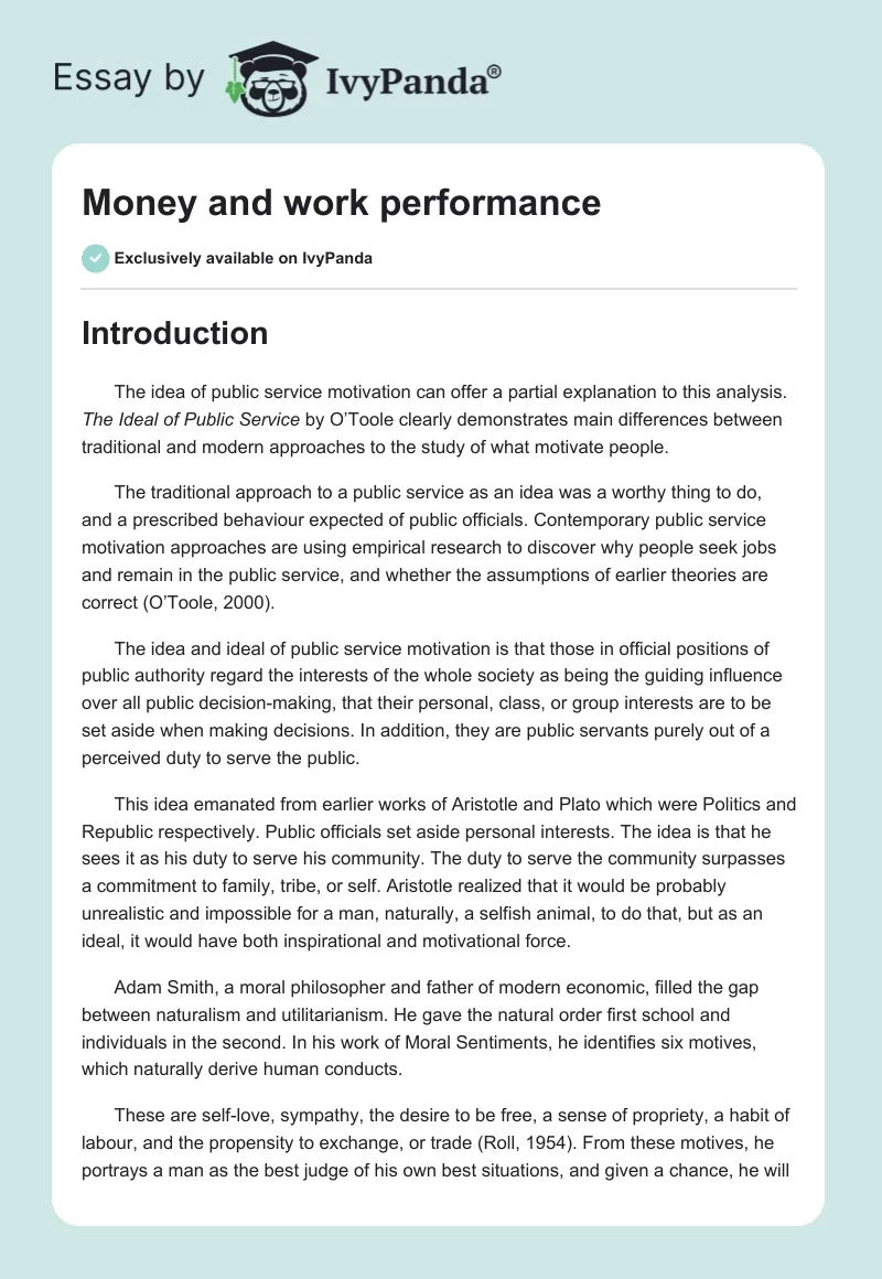 Money and Work Performance. Page 1