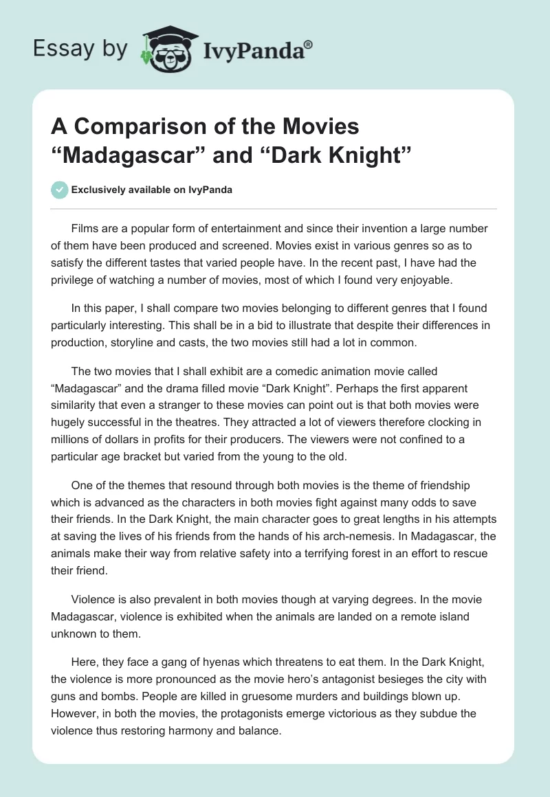 A Comparison of the Movies “Madagascar” and “Dark Knight”. Page 1