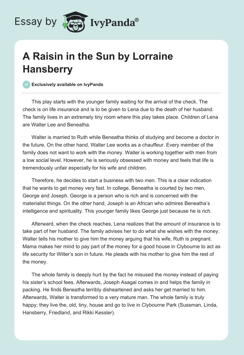 A Raisin in the Sun by Lorraine Hansberry. Page 1