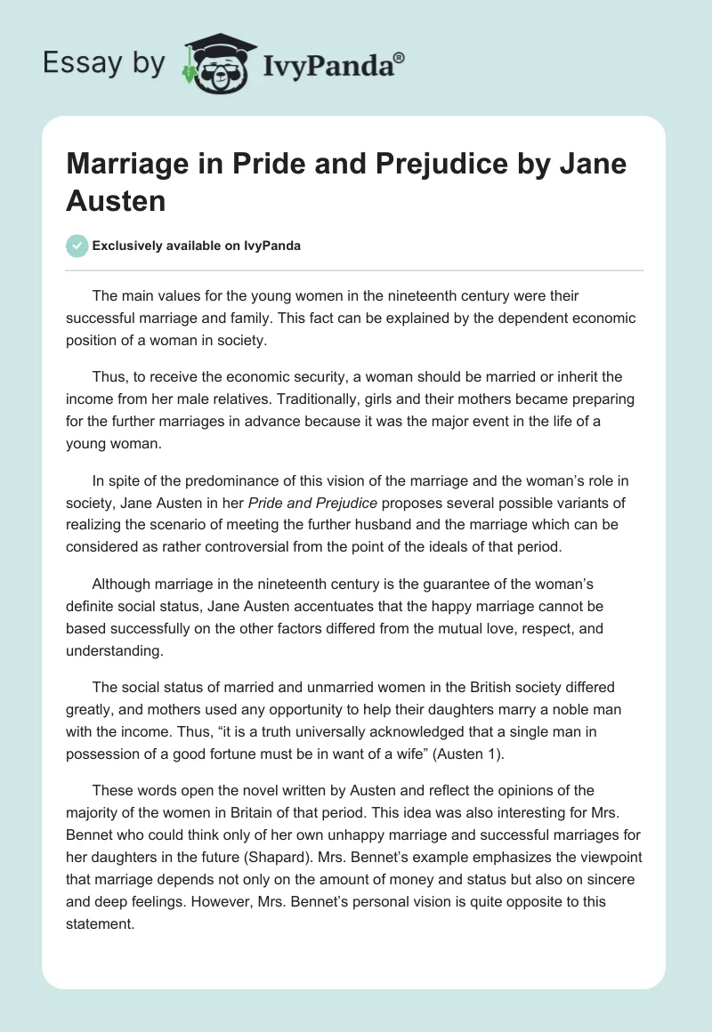 Marriage in "Pride and Prejudice" by Jane Austen. Page 1