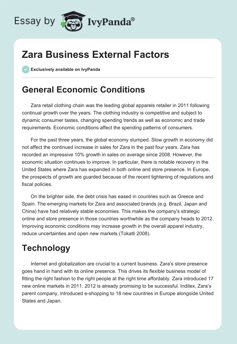 Zara Business External Factors - 845 Words | Case Study Example