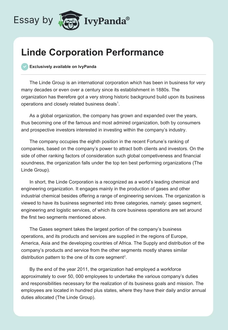 Linde Corporation Performance. Page 1
