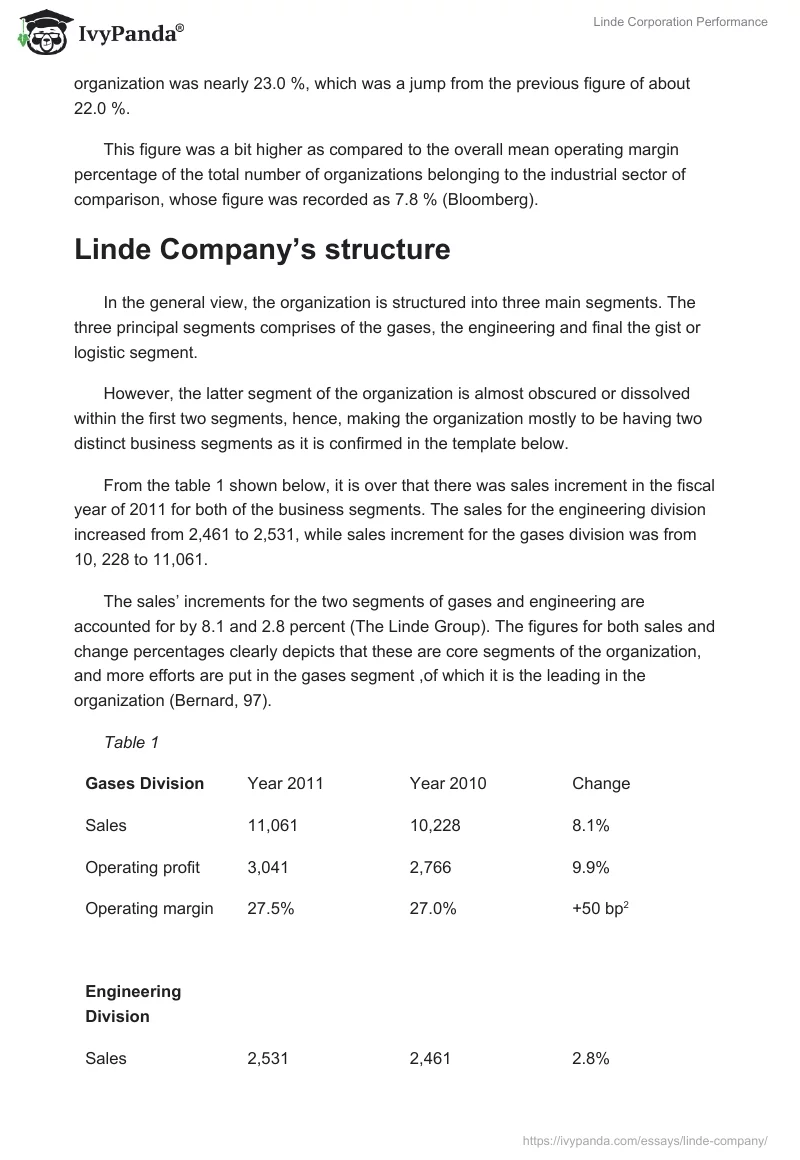 Linde Corporation Performance. Page 3