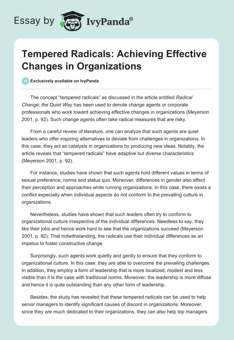 Tempered Radicals: Achieving Effective Changes in Organizations. Page 1