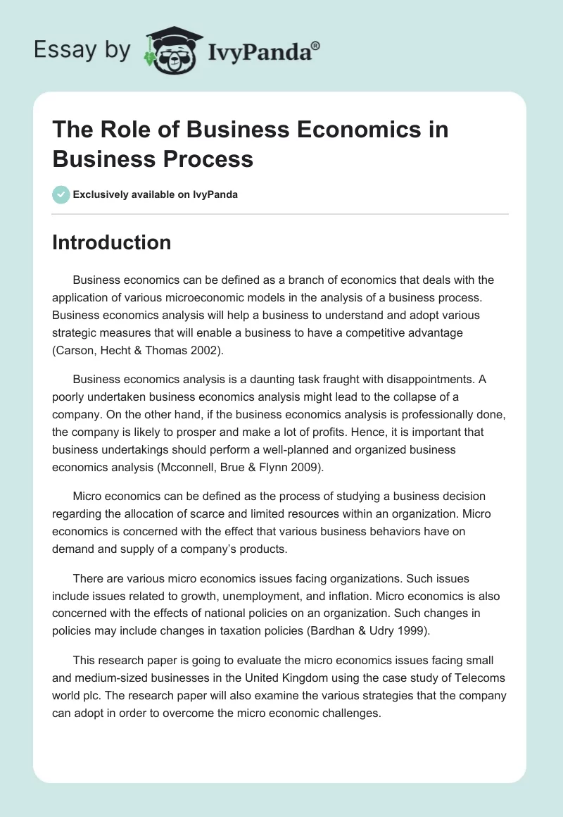 The Role of Business Economics in Business Process. Page 1