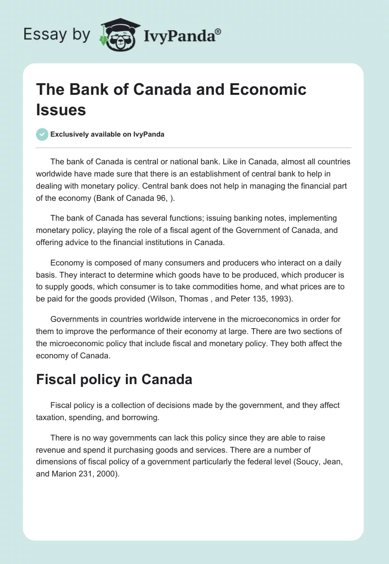 The Bank of Canada and Economic Issues. Page 1