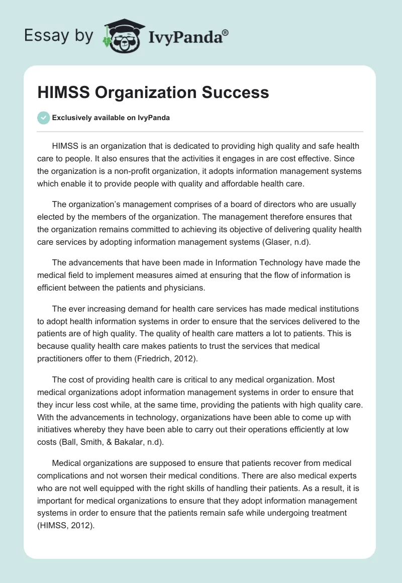HIMSS Organization Success. Page 1