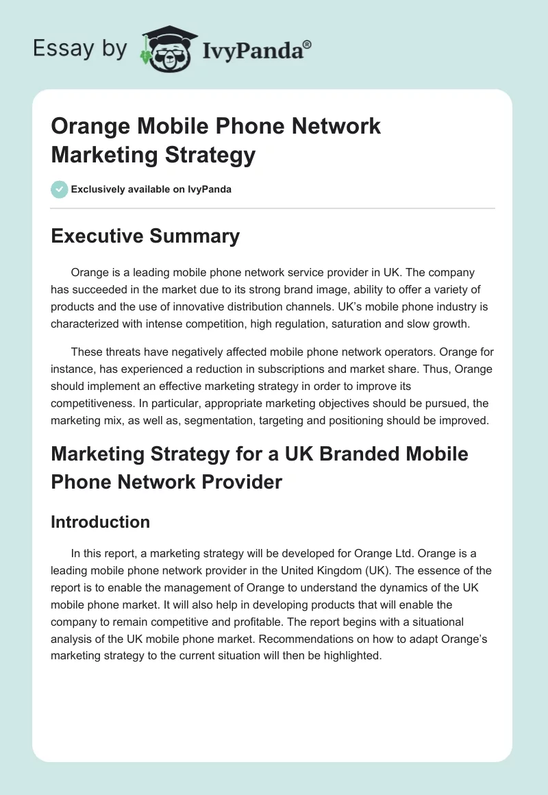 Orange Mobile Phone Network Marketing Strategy. Page 1