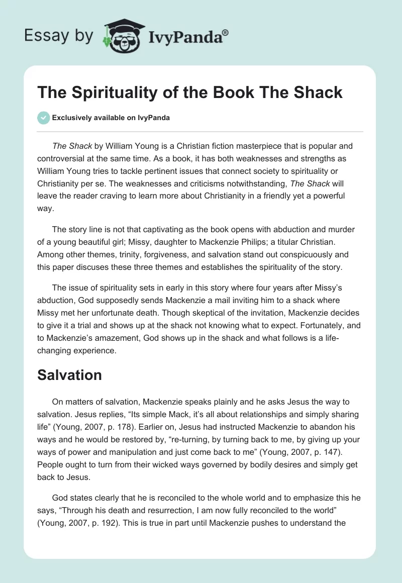 The Spirituality of the Book "The Shack". Page 1