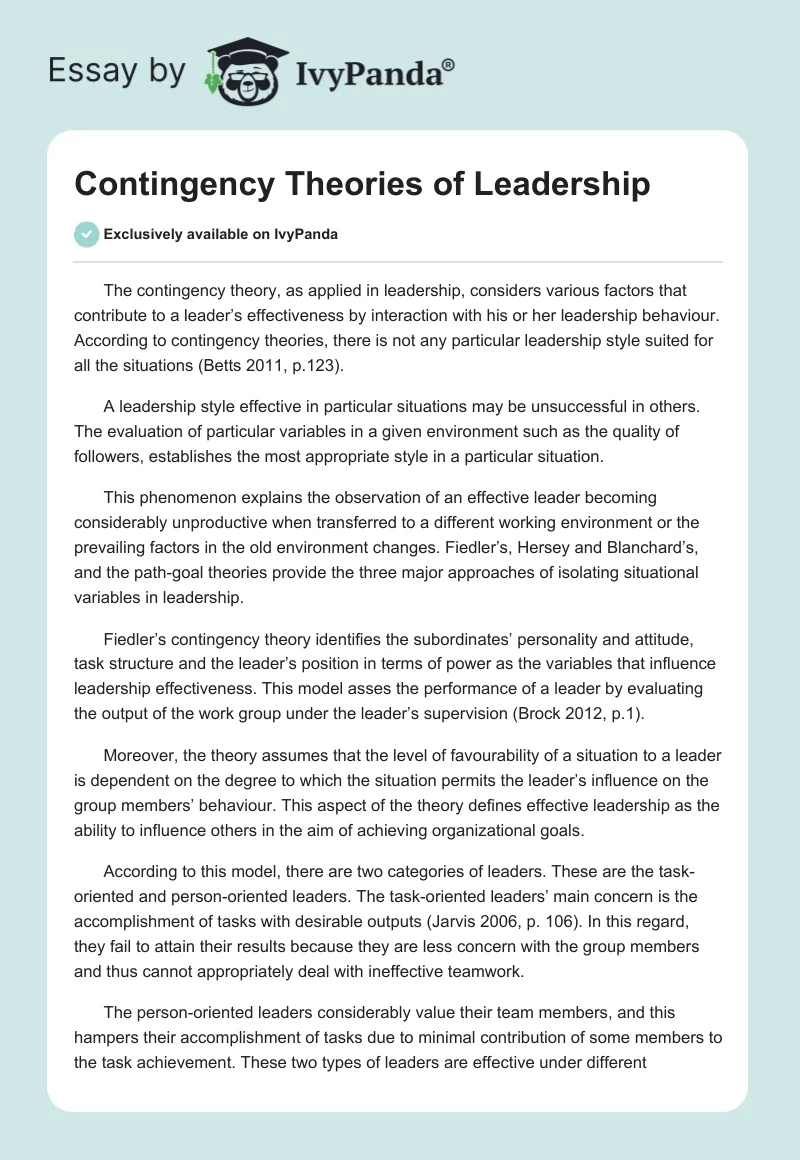 Contingency Theories of Leadership. Page 1