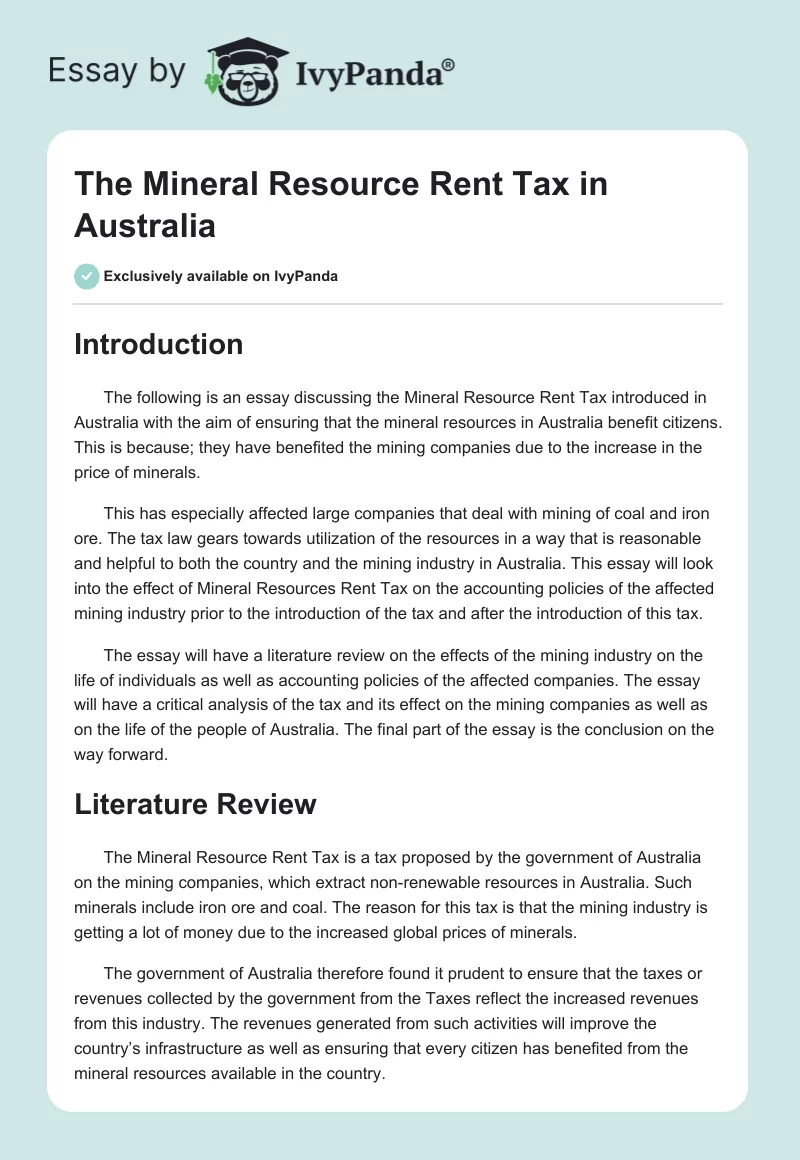 The Mineral Resource Rent Tax in Australia. Page 1