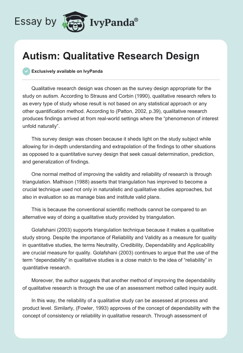 Autism: Qualitative Research Design. Page 1