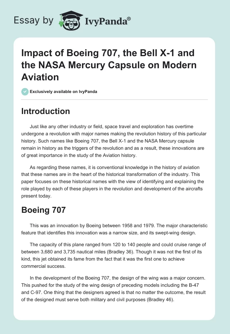 Impact of Boeing 707, the Bell X-1 and the NASA Mercury Capsule on Modern Aviation. Page 1