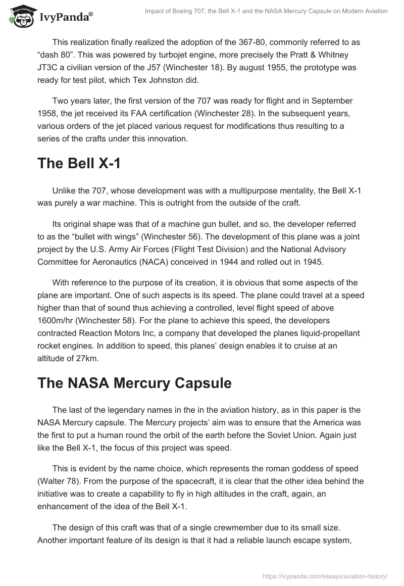 Impact of Boeing 707, the Bell X-1 and the NASA Mercury Capsule on Modern Aviation. Page 2