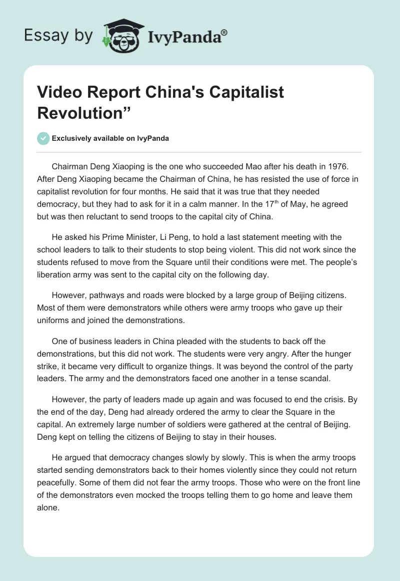 Video Report "China's Capitalist Revolution”. Page 1