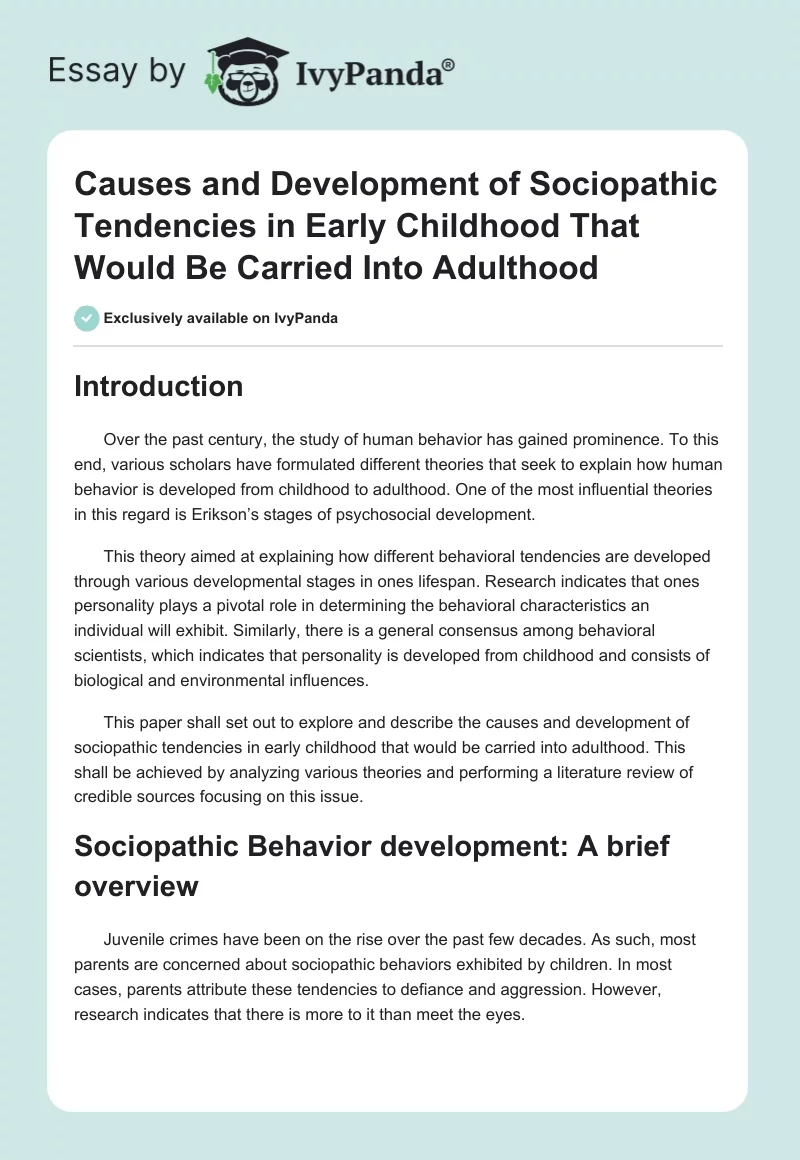 Causes and Development of Sociopathic Tendencies in Early Childhood That Would Be Carried Into Adulthood. Page 1