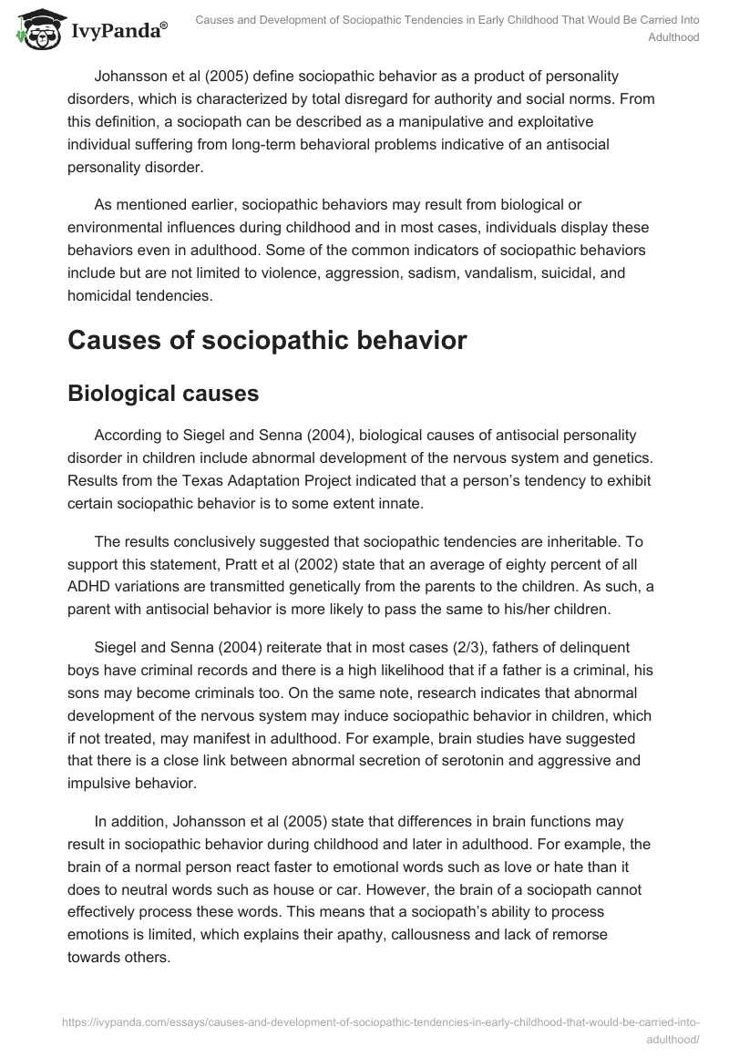 Causes and Development of Sociopathic Tendencies in Early Childhood That Would Be Carried Into Adulthood. Page 2