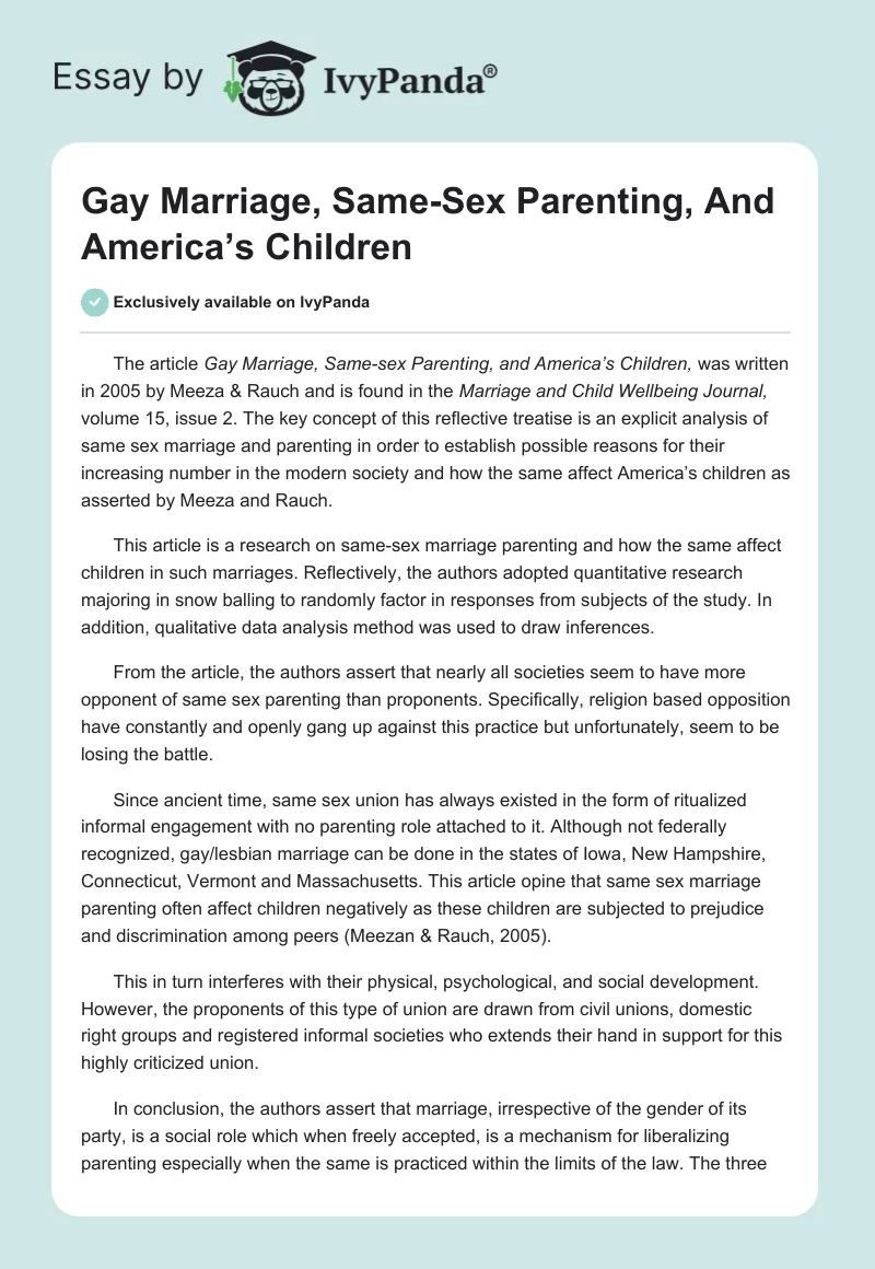 Gay Marriage, Same-Sex Parenting, And America’s Children. Page 1