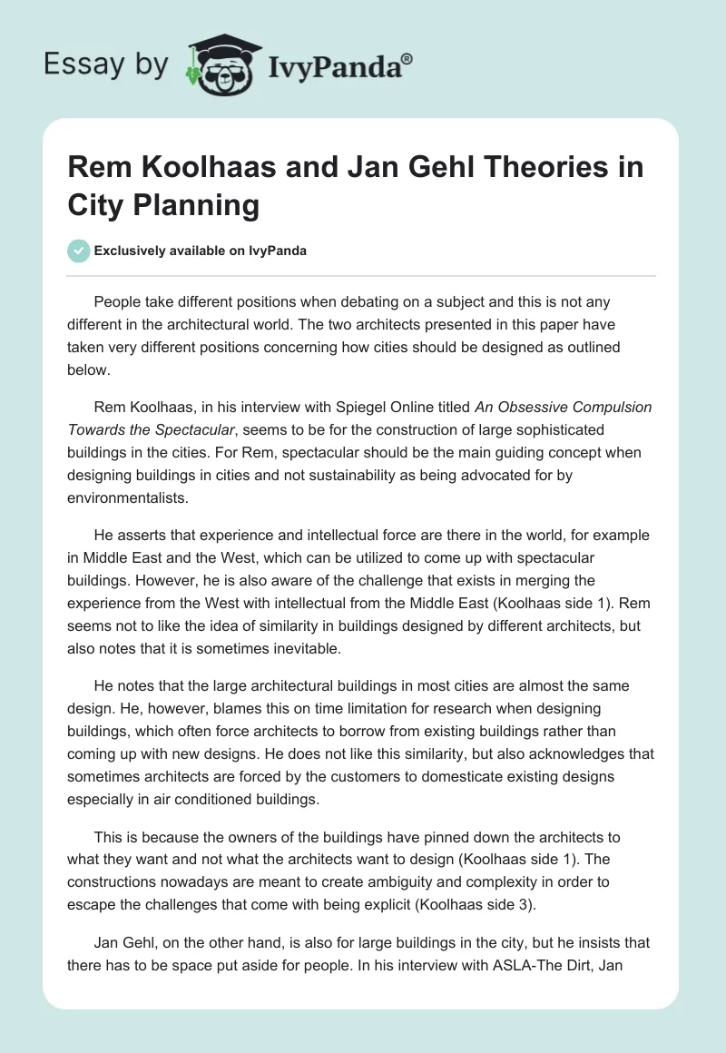 Rem Koolhaas and Jan Gehl Theories in City Planning. Page 1