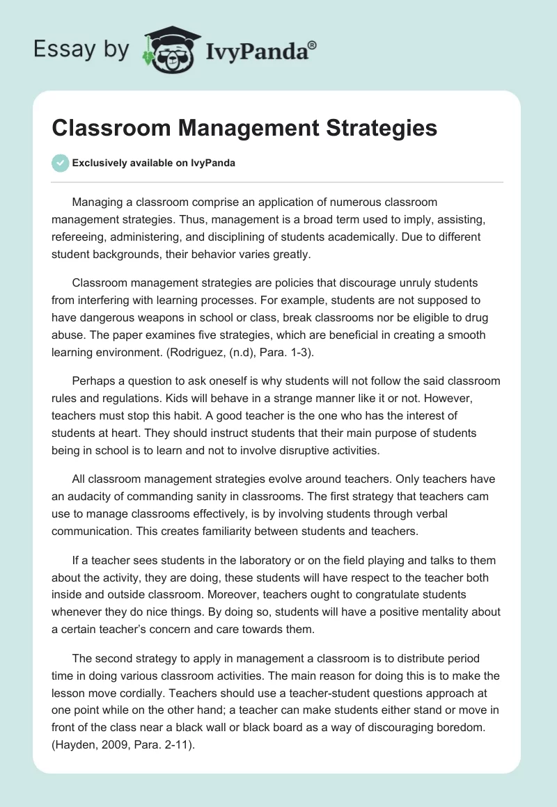 Classroom Management Strategies. Page 1