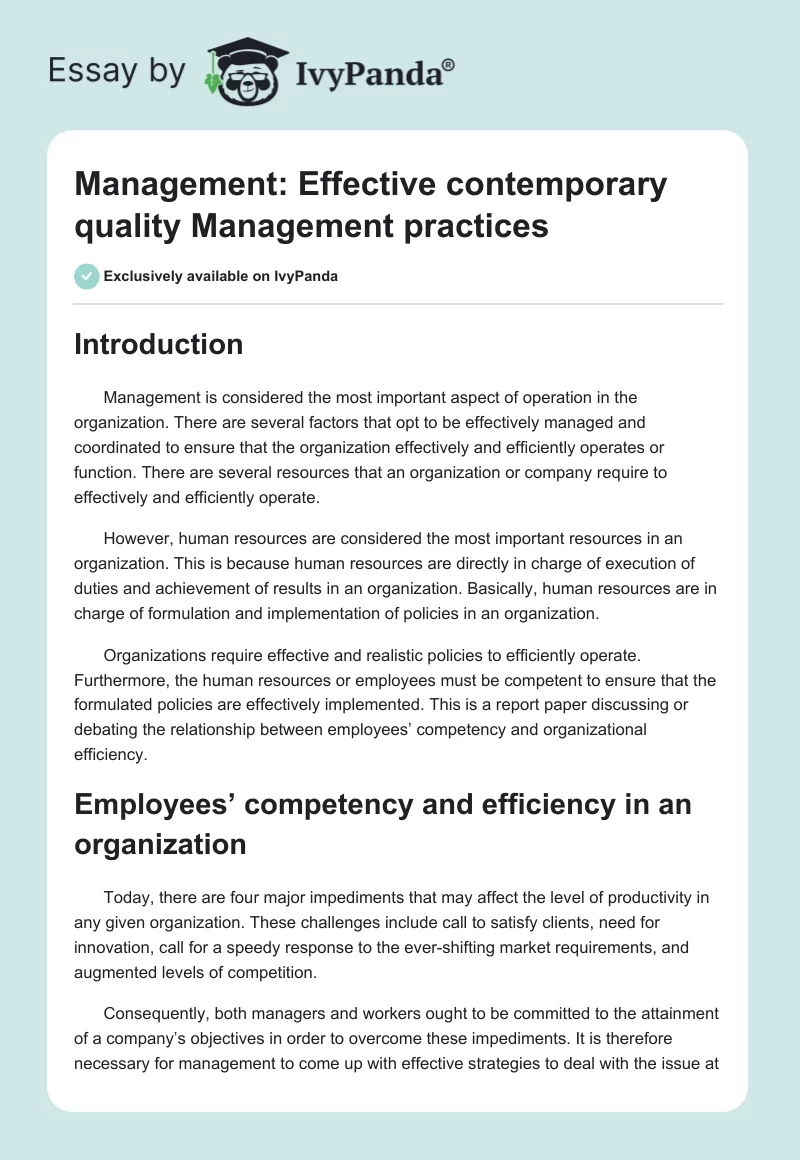 Management: Effective contemporary quality Management practices. Page 1