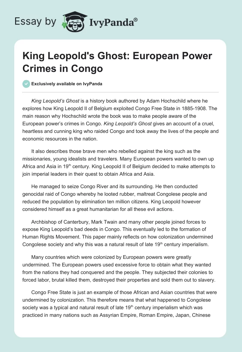King Leopold's Ghost: European Power Crimes in Congo. Page 1