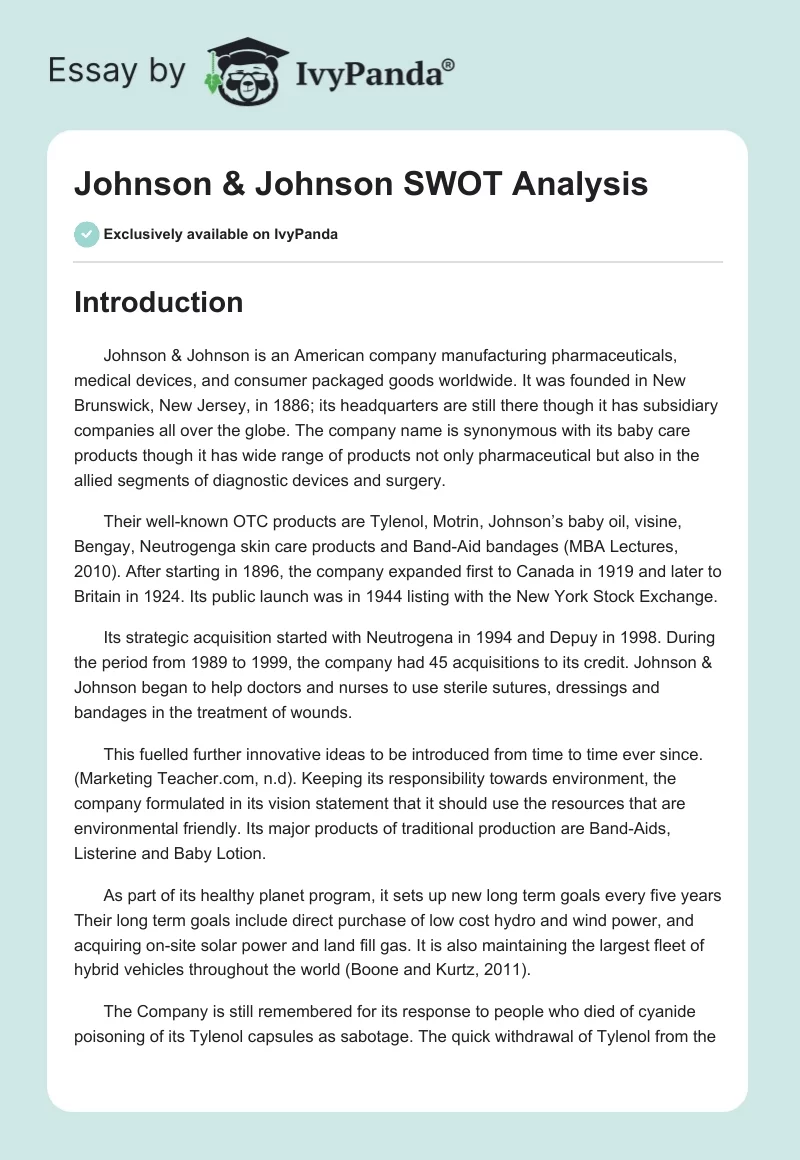 Johnson & Johnson SWOT Analysis. Page 1