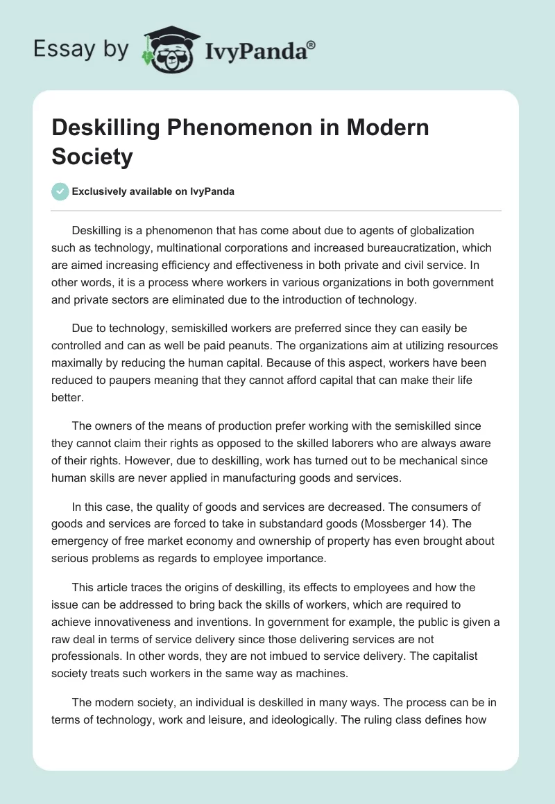 Deskilling Phenomenon in Modern Society. Page 1