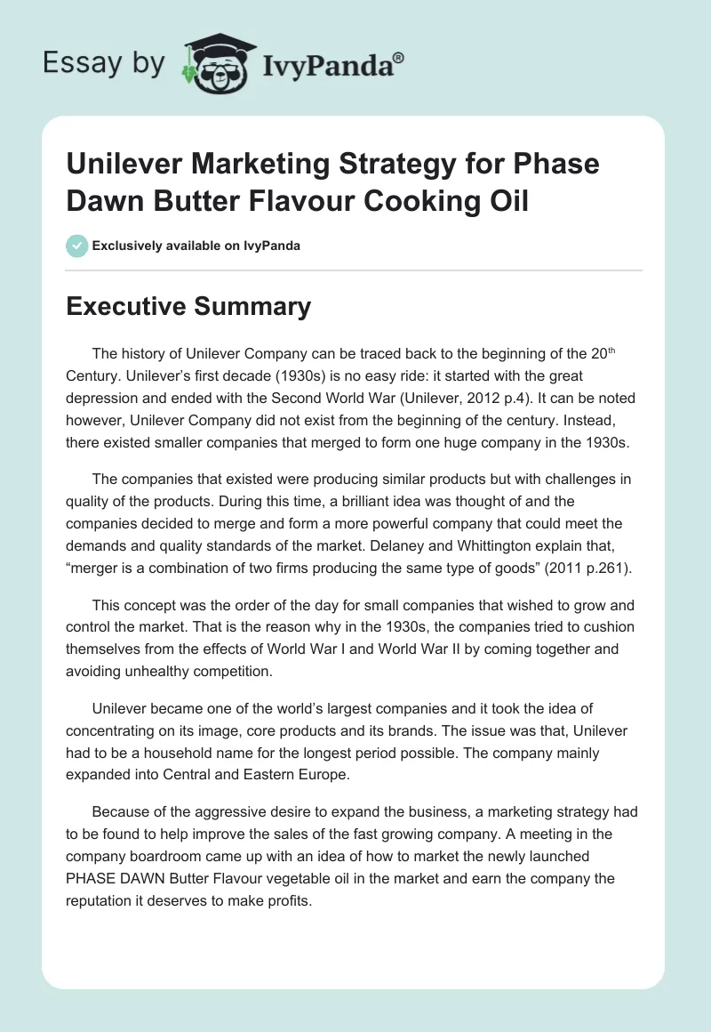 Unilever Marketing Strategy for Phase Dawn Butter Flavour Cooking Oil. Page 1