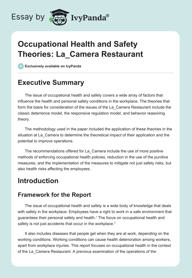 Occupational Health and Safety Theories: La_Camera Restaurant. Page 1
