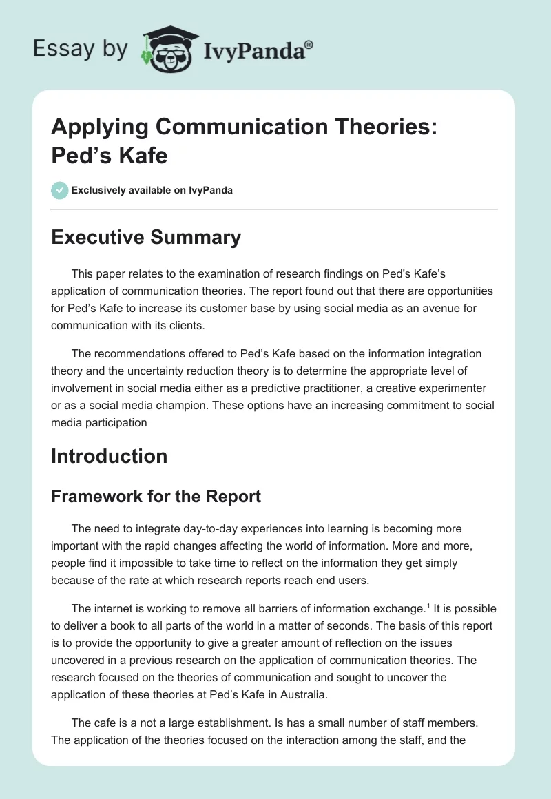Applying Communication Theories: Ped’s Kafe. Page 1