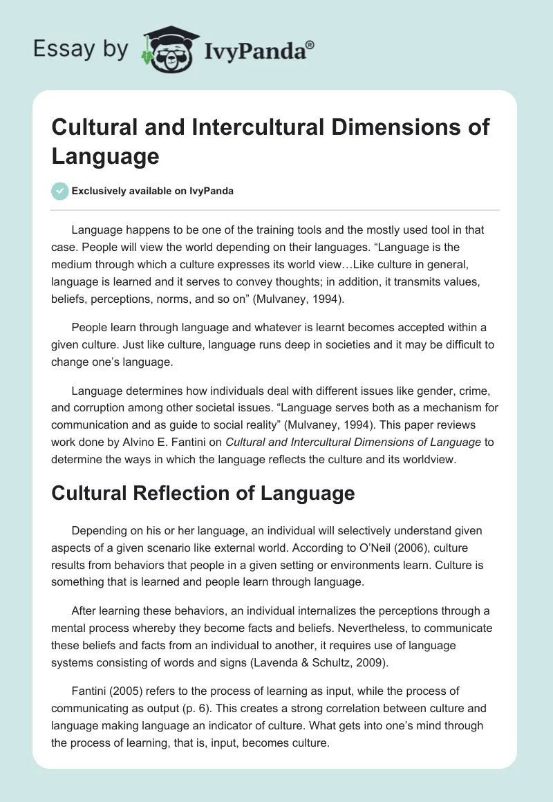 Cultural and Intercultural Dimensions of Language. Page 1