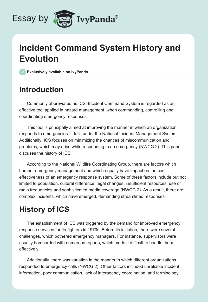Incident Command System History and Evolution. Page 1