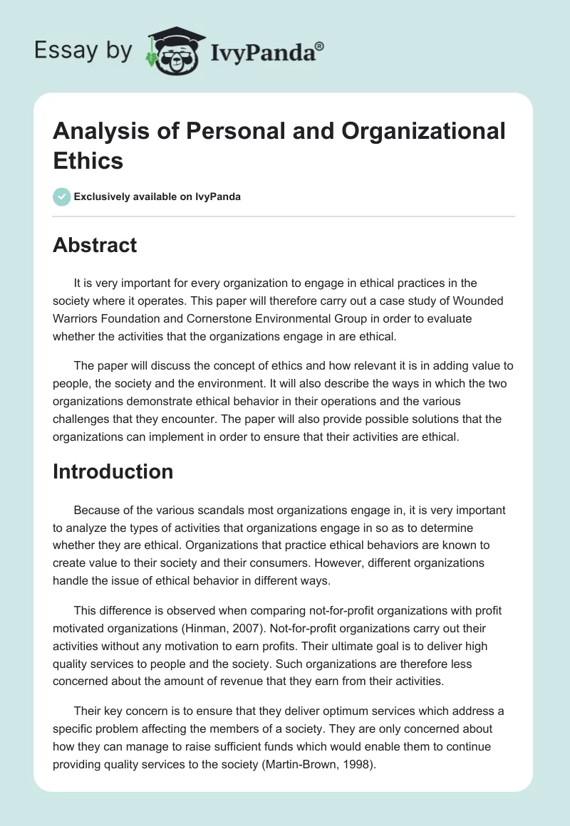 Analysis of Personal and Organizational Ethics. Page 1