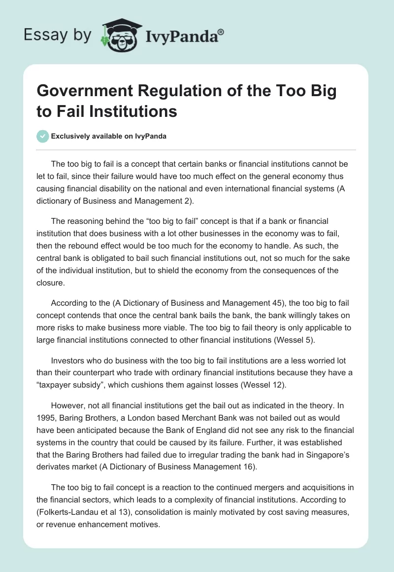 Government Regulation of the Too Big to Fail Institutions. Page 1