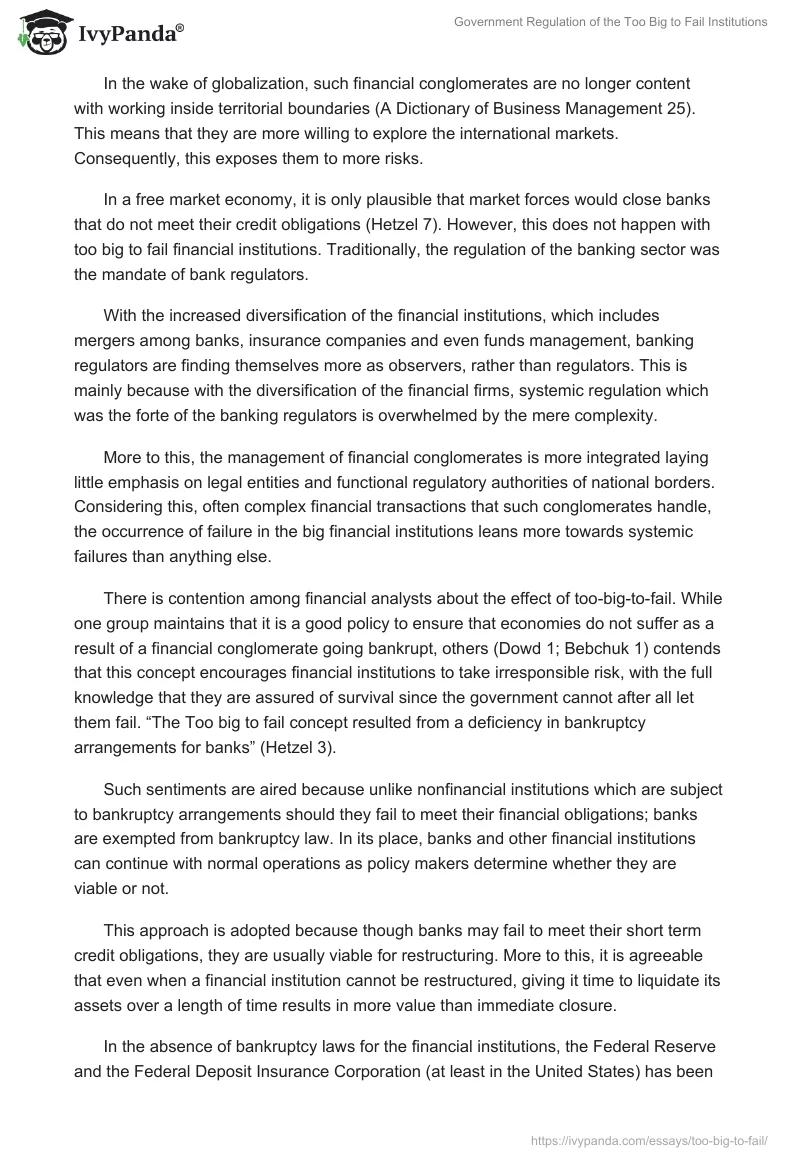Government Regulation of the Too Big to Fail Institutions. Page 2
