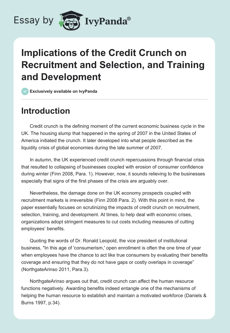 Implications of the Credit Crunch on Recruitment and Selection, and Training and Development. Page 1