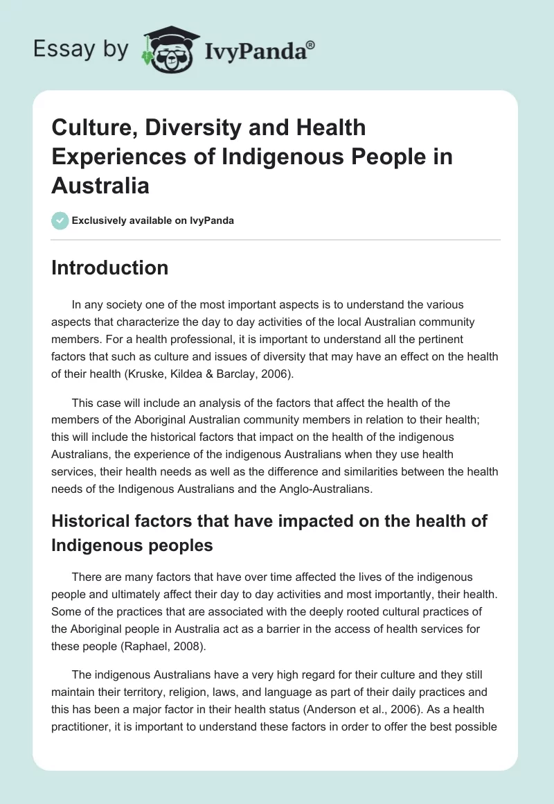 Culture, Diversity and Health Experiences of Indigenous People in Australia. Page 1