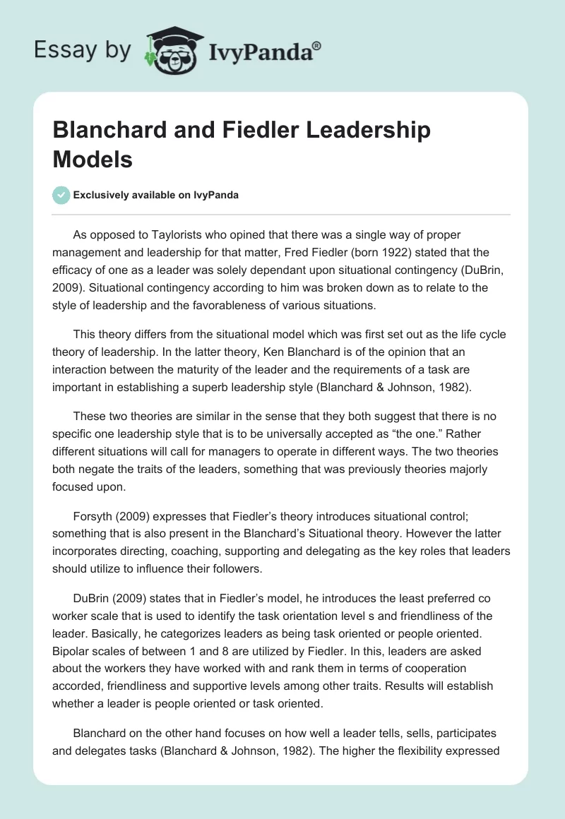 Blanchard and Fiedler Leadership Models. Page 1